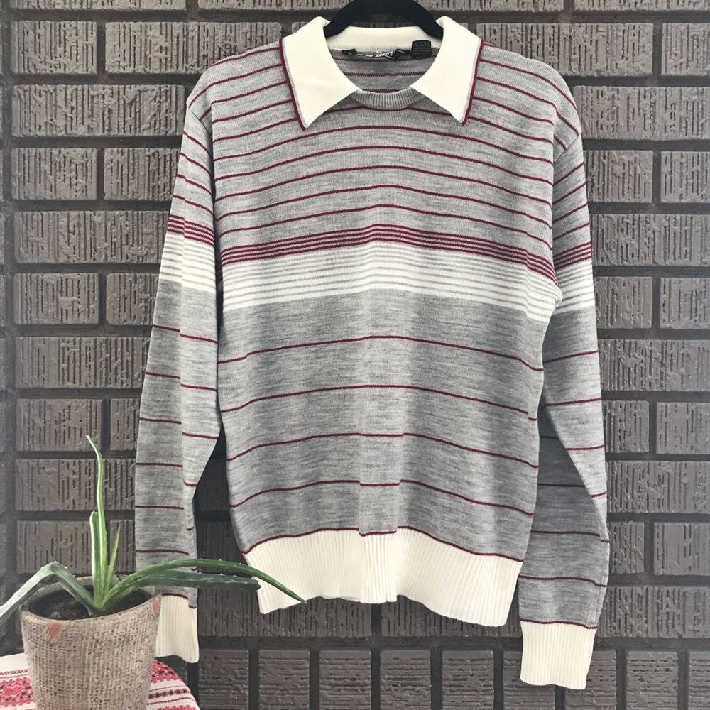THE BON • Vintage Gray & Cream Striped Sweater L